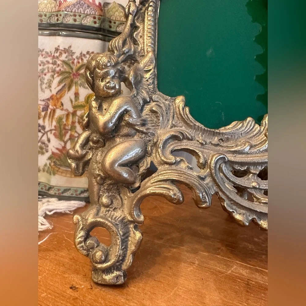 Antique Ornate Solid Brass Rococo Style Dual-Photo Frame with Face and Cherubs